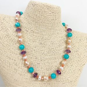 Amethyst Turquoise Pearl Coral Beaded Necklace